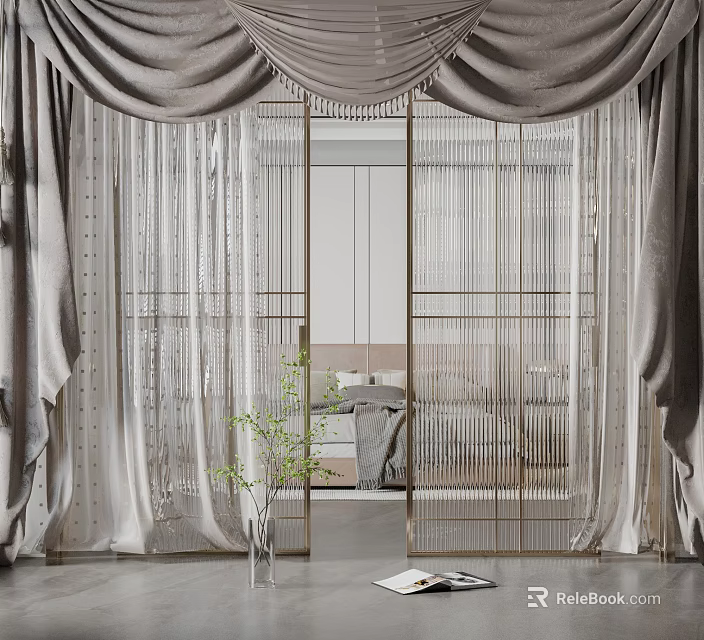 Gray Sheer Curtains And Velvet Drapes For Modern Bedroom With Golden Metal Frame 3d model 