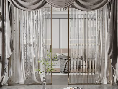 Gray Sheer Curtains And Velvet Drapes For Modern Bedroom With Golden Metal Frame 3d model