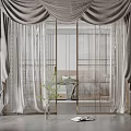 Gray Sheer Curtains And Velvet Drapes For Modern Bedroom With Golden Metal Frame