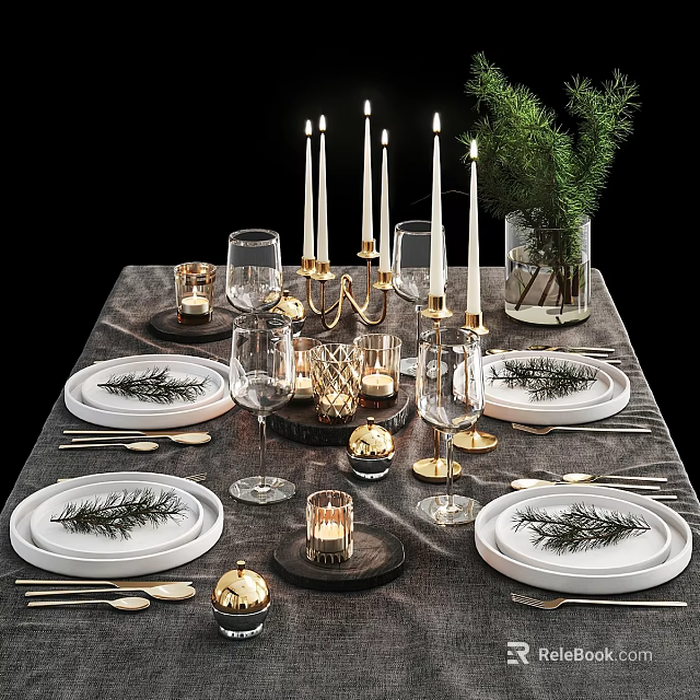 Elegant Dinnerware Set with White Plates Cutlery Gold Candle Holders and Evergreen Sprigs Table Setting 3d model 