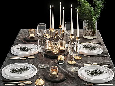 Elegant Dinnerware Set with White Plates Cutlery Gold Candle Holders and Evergreen Sprigs Table Setting 3d model