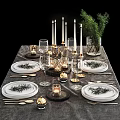 Elegant Dinnerware Set with White Plates Cutlery Gold Candle Holders and Evergreen Sprigs Table Setting