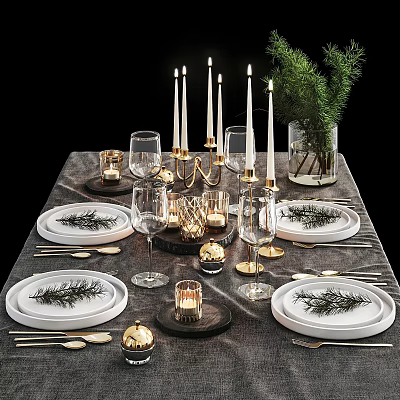 Elegant Dinnerware Set with White Plates Cutlery Gold Candle Holders and Evergreen Sprigs Table Setting 3d model