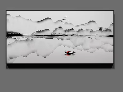 Ink Wash Style Landscape Painting With Misty Mountains Reflections Red Boat And Flying Birds 3d model