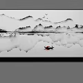 Ink Wash Style Landscape Painting With Misty Mountains Reflections Red Boat And Flying Birds