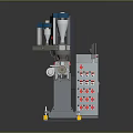 Industrial Processing Equipment With Blue Components Gray Main Body Yellow Support Feet And Conveyor Belt