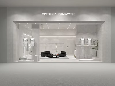Modern Elegant Vivtoria Romantic Clothing Store With White Storefront Mannequins Black Sofas And Green Plants 3d model