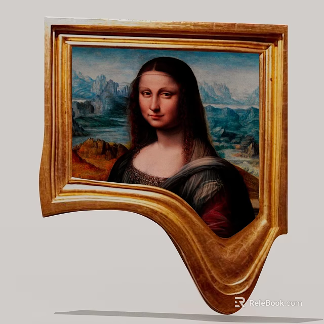 Mona Lisa Painting In Curved Golden Frame With Mountain Landscape Background 3d model 