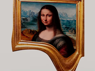 Mona Lisa Painting In Curved Golden Frame With Mountain Landscape Background 3d model