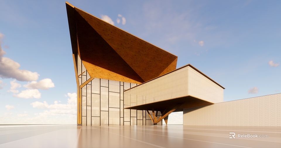 Modern Building Design With Unique Triangular Wooden Roof And Glass Curtain Walls 3d model 