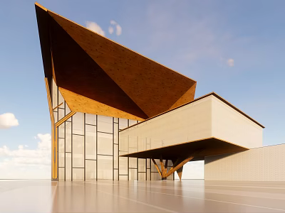 Modern Building Design With Unique Triangular Wooden Roof And Glass Curtain Walls 3d model