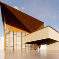 Modern Building Design With Unique Triangular Wooden Roof And Glass Curtain Walls