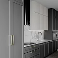Modern Kitchen Interior Featuring Gray And Black Cabinets Marble Countertop And Appliances