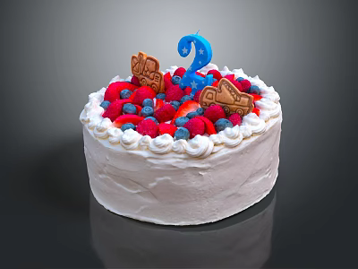 White Cream Birthday Cake With Fresh Berries Number 2 Candle And Cookie Decorations 3d model