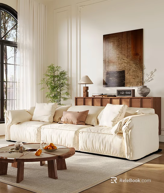 Beige Sectional Sofa With Plush Pillows Wooden TV Cabinet Green Plant And Large Window 3d model 