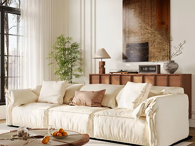 Beige Sectional Sofa With Plush Pillows Wooden TV Cabinet Green Plant And Large Window 3d model