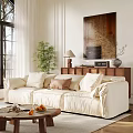 Beige Sectional Sofa With Plush Pillows Wooden TV Cabinet Green Plant And Large Window