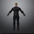Man in blue superhero uniform with red details silver accents standing on gray background