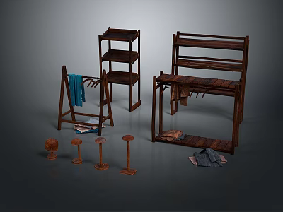 Wooden Shelving Units in Various Designs with Multi Tiered Storage and Small Accessories 3d model