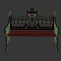 Classic Iron Garden Bench With Intricate Patterns Crown Decoration Black Backrest And Red Seat Design