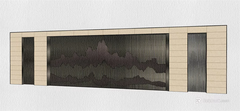 Modern Feature Wall With Mountain Pattern And Vertical Metal Slats Design 3d model
