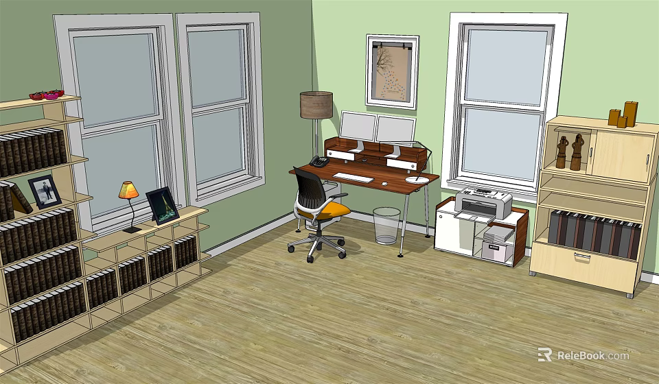 Spacious Desk with Computer Setup Table Lamp and Office Chair Near Windows with Natural Light 3d model 
