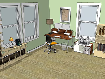 Spacious Desk with Computer Setup Table Lamp and Office Chair Near Windows with Natural Light 3d model