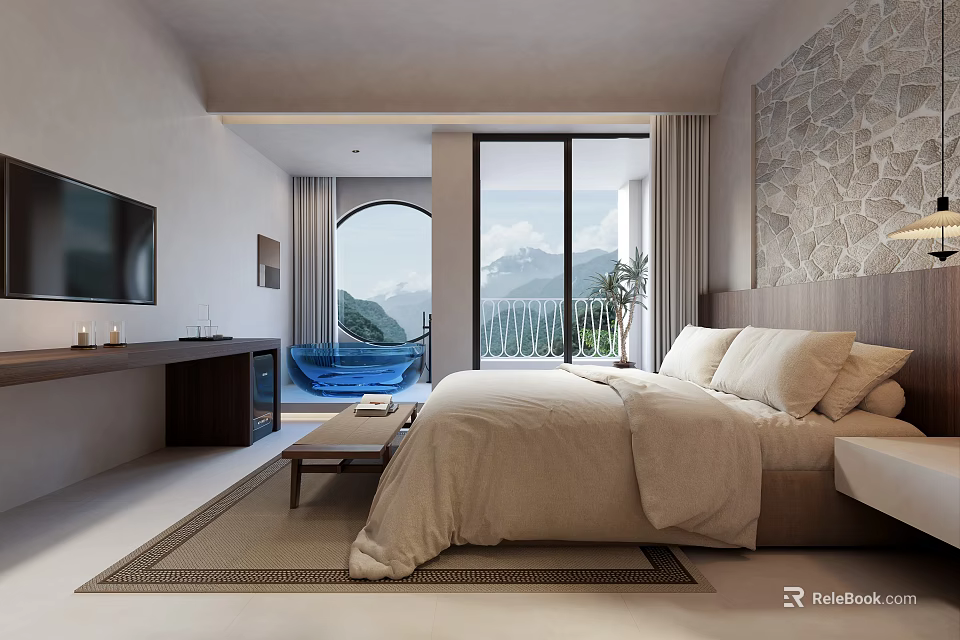 Modern Hotel Room Interior With King Bed Blue Bathtub Flat Screen TV And Mountain View 3d model 