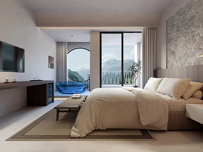 Modern Hotel Room Interior With King Bed Blue Bathtub Flat Screen TV And Mountain View 3d model