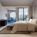 Modern Hotel Room Interior With King Bed Blue Bathtub Flat Screen TV And Mountain View