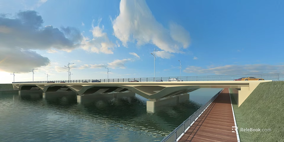 Concrete Bridge Over River With Street Lamps Pedestrian Walkway And Blue Sky White Clouds 3d model 