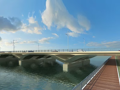 Concrete Bridge Over River With Street Lamps Pedestrian Walkway And Blue Sky White Clouds 3d model