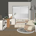 Cozy Beige Bedroom Interior With King Bed Floor Lamp Desk Bookshelf And Rug Blinds