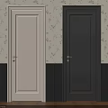 Light And Dark Colored Swing Doors With Modern Design On Floral Wallpaper And Wooden Flooring