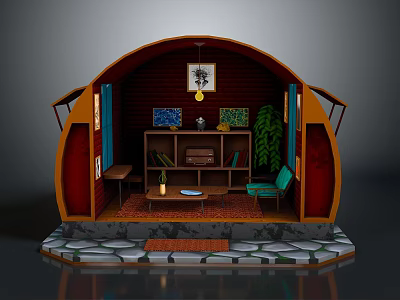 Cartoon Scene Cabin Interior With Wooden Structure Bookshelf Sofa Coffee Table Decorative Painting And Plant 3d model