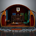 Cartoon Scene Cabin Interior With Wooden Structure Bookshelf Sofa Coffee Table Decorative Painting And Plant