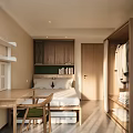 Modern Bedroom Interior Design With Wooden Bed Desk And Open Shelves