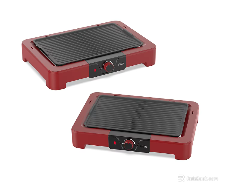 Two Red Electric Kitchen Grills With Black Grill Plates And Control Knobs 3d model