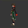 3D Young Boy Character Model Wearing Traditional Outfit With Green Red Accents And Standing Pose