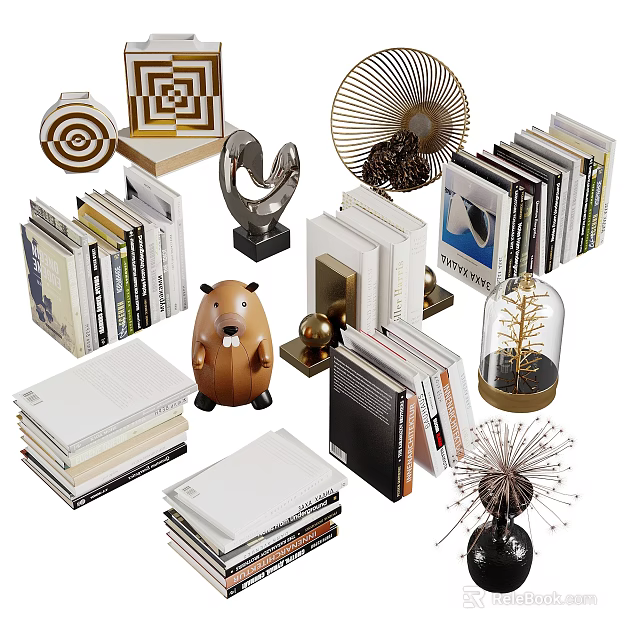 Stylish Decorative Ornament Set with Stacked Books Metal Sculptures Glass Dome Tree and Geometric Decor 3d model 