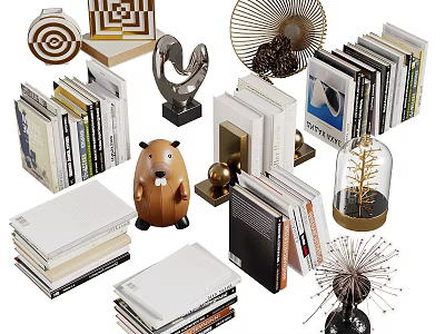 Stylish Decorative Ornament Set with Stacked Books Metal Sculptures Glass Dome Tree and Geometric Decor 3d model