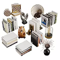 Stylish Decorative Ornament Set with Stacked Books Metal Sculptures Glass Dome Tree and Geometric Decor