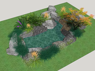 Delightful Garden Ornament With Small Pond Rocks Green Shrubs And Colorful Plants 3d model