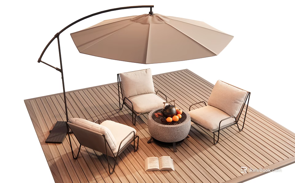 Cozy Outdoor Chairs on Wooden Deck with Curved Patio Umbrella and Round Fire Pit Table 3d model 
