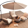 Cozy Outdoor Chairs on Wooden Deck with Curved Patio Umbrella and Round Fire Pit Table