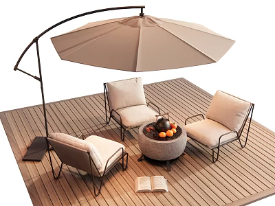 Cozy Outdoor Chairs on Wooden Deck with Curved Patio Umbrella and Round Fire Pit Table 3d model