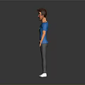 3D Character Model Wearing Blue T Shirt Gray Pants White Shoes And Green Necklace