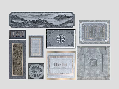 Chinese Traditional Decorative Panels In Various Shapes With Mountain Patterns And Cultural Motifs 3d model