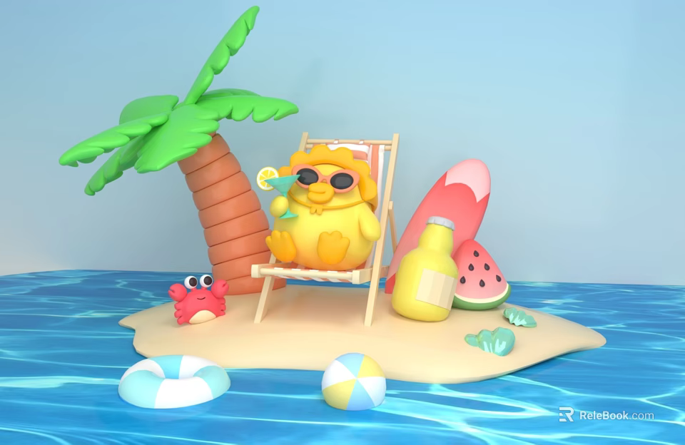 Cartoon Character Relaxing On Deck Chair With Palm Tree Watermelon Crab Beach Ball And Ring 3d model 