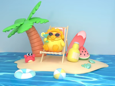 Cartoon Character Relaxing On Deck Chair With Palm Tree Watermelon Crab Beach Ball And Ring 3d model